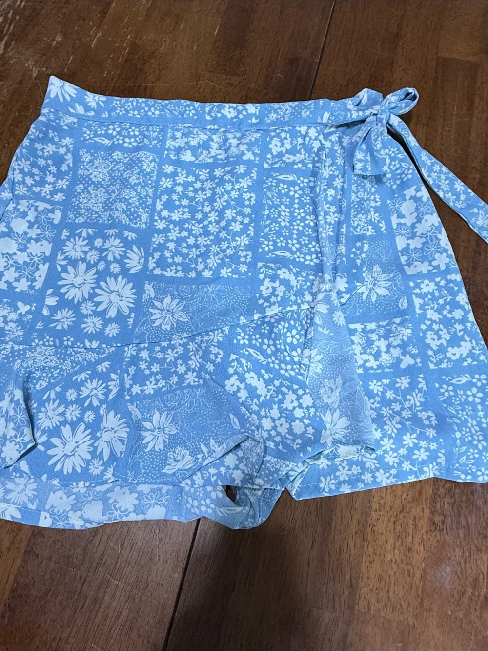 Alter’d State Blue White Floral Patchwork Ruffle Wrap Skort Side Tie Made in USA